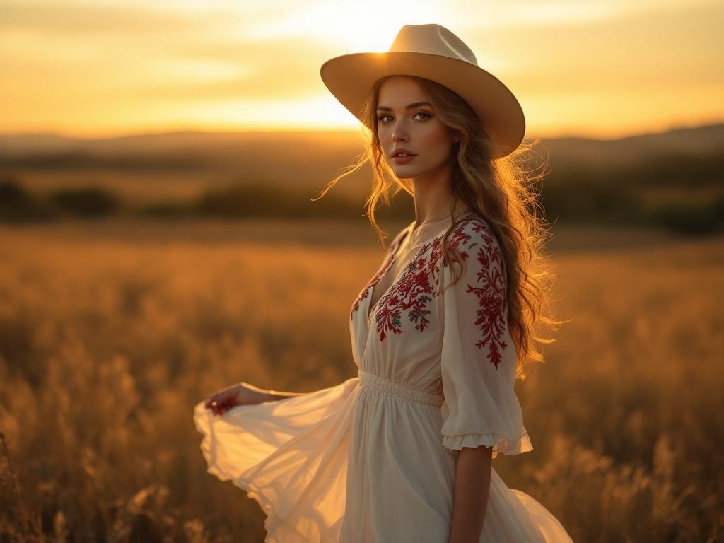 A woman in a flowing white cowboy dress with embroidery, wearing a wide-brimmed hat, standing in a golden field at sunset.