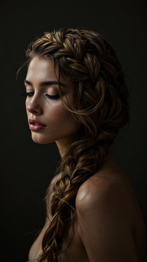 A woman with a crown braid hairstyle, showcasing intricate weaving and soft waves.