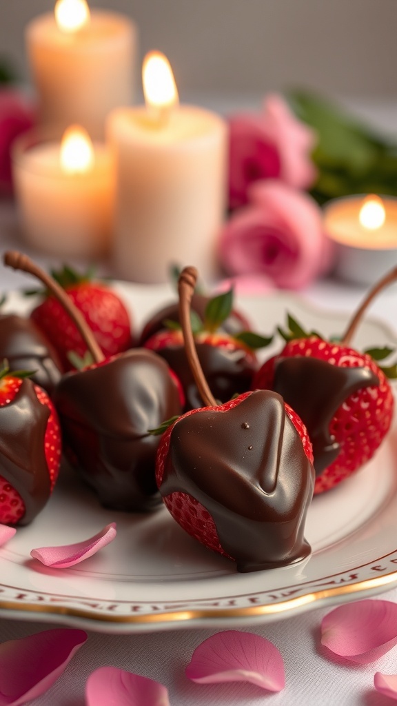 A plate of dark chocolate dipped strawberries surrounded by candles and rose petals.