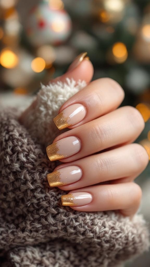 Nails with gold foil tips on a hand wearing a cozy sweater, with a festive background.