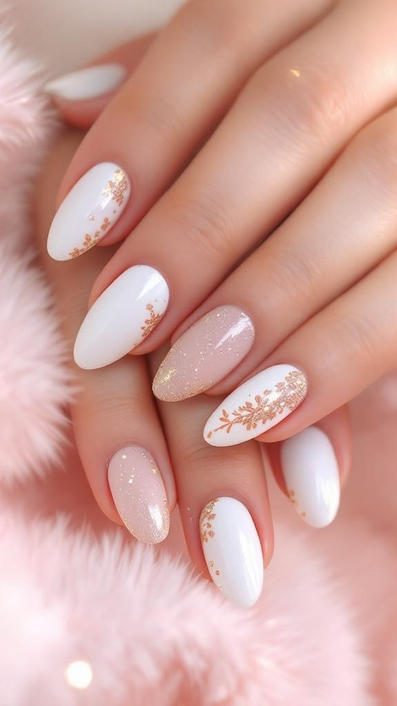 Nails with gold glitter accents on a soft nude base, set against a cozy background.