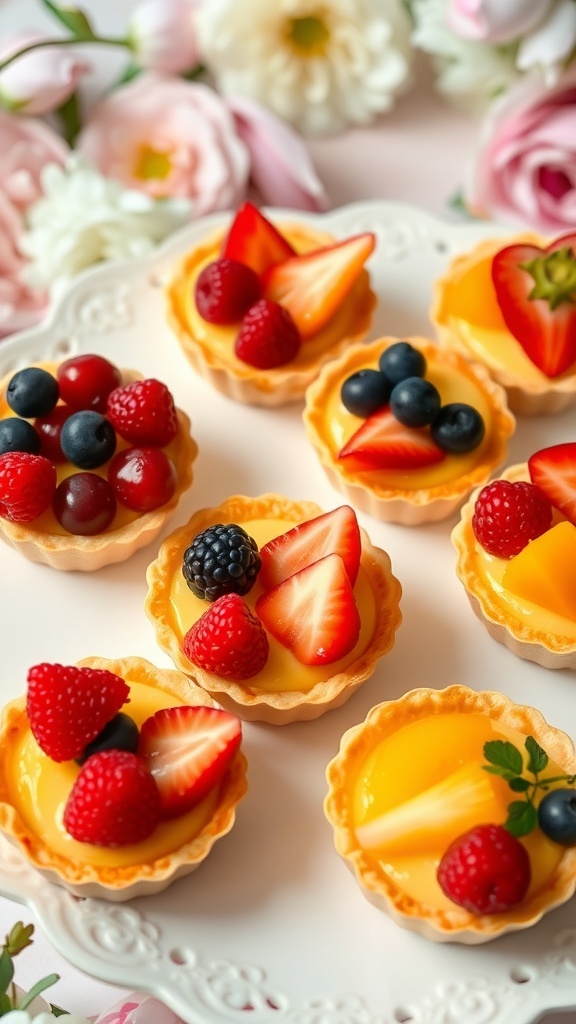 Mini fruit tarts topped with fresh strawberries, blueberries, raspberries, and mango slices on a decorative plate.