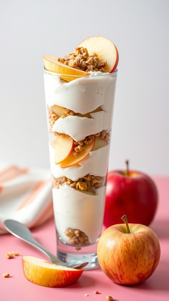 A tall glass filled with layers of Greek yogurt, sliced apples, and granola, with whole apples beside it.