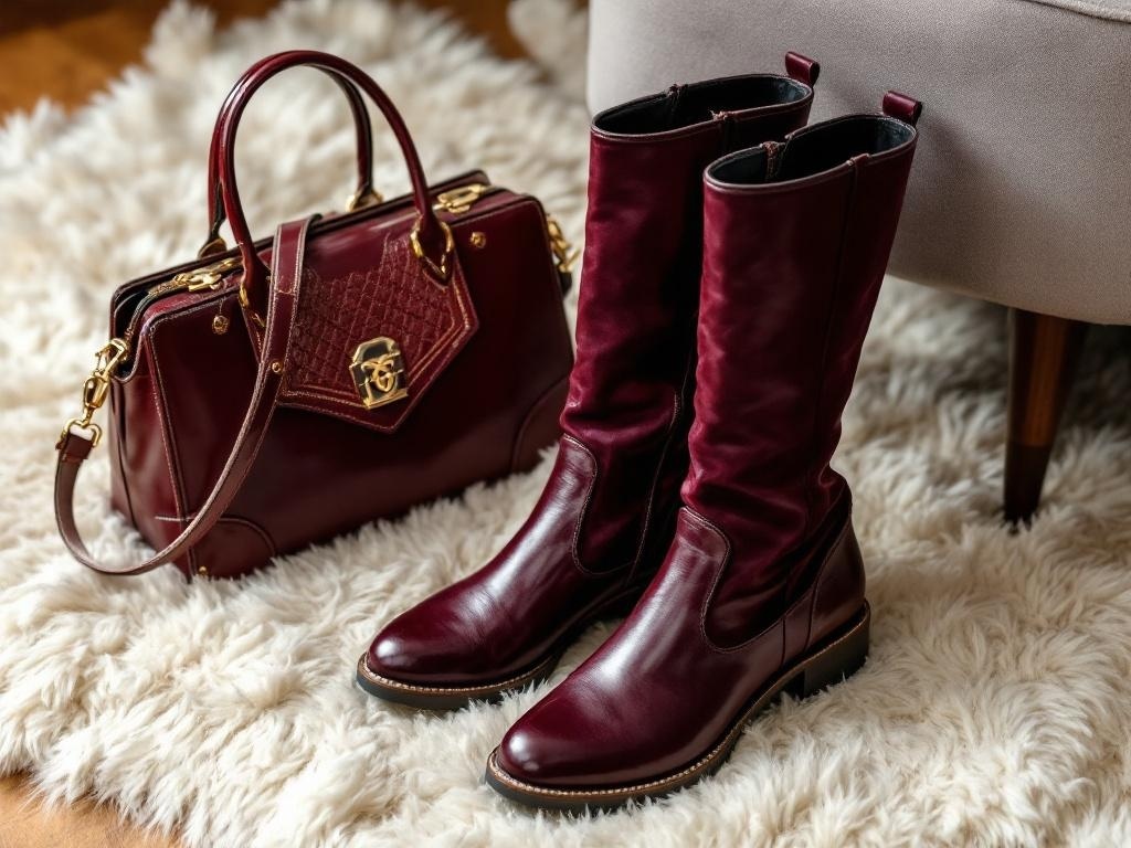 A pair of burgundy knee-high boots next to a matching handbag on a fluffy rug.