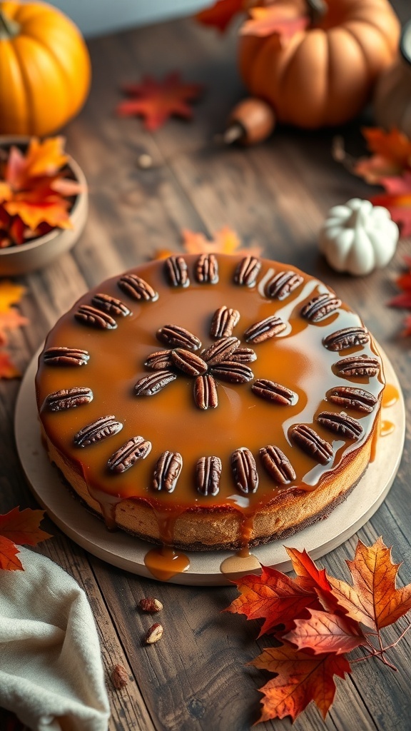 A beautifully decorated Maple Pecan Cheesecake topped with caramel and pecans, surrounded by autumn leaves and pumpkins.
