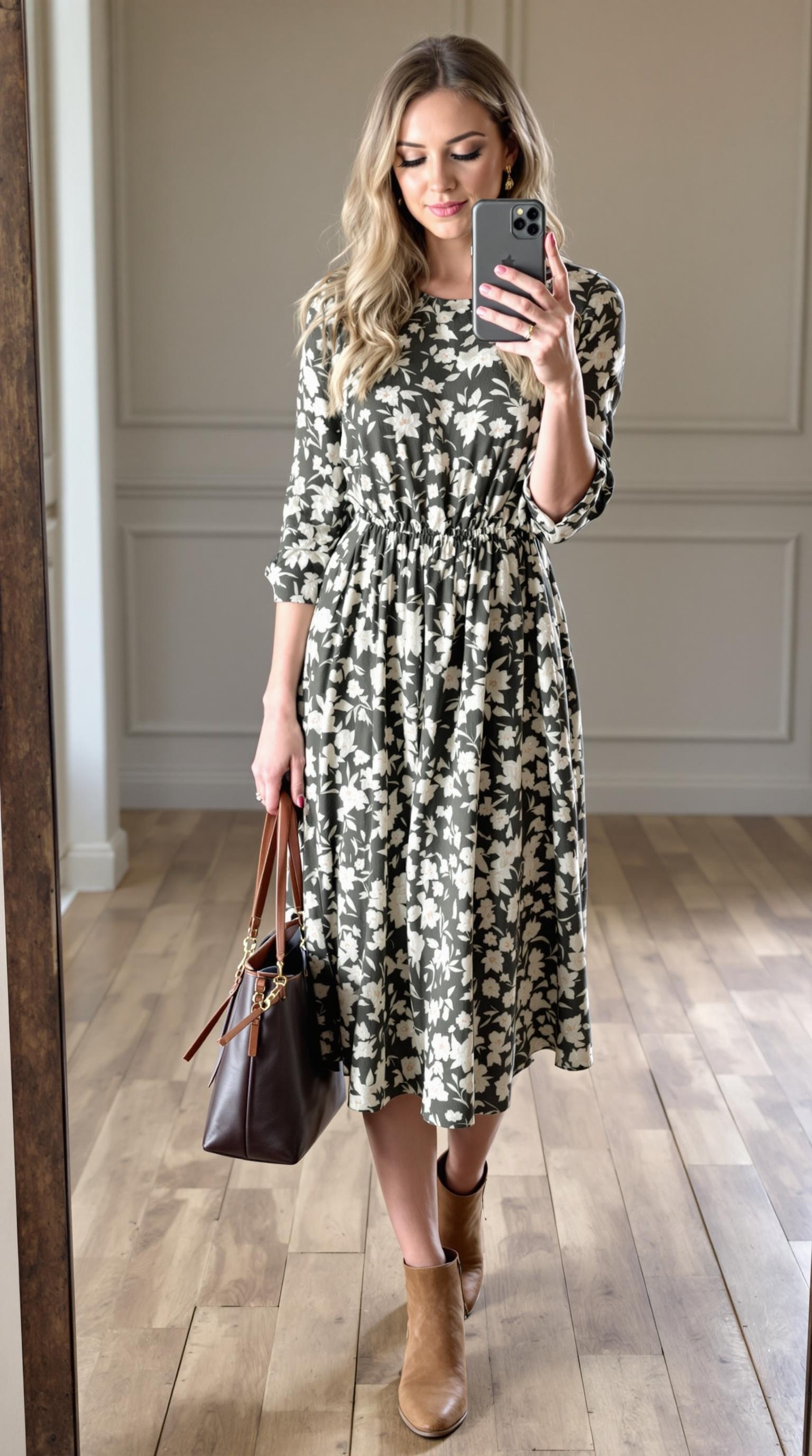 A close-up of a person wearing a midi dress and brown ankle boots, standing on wooden flooring.