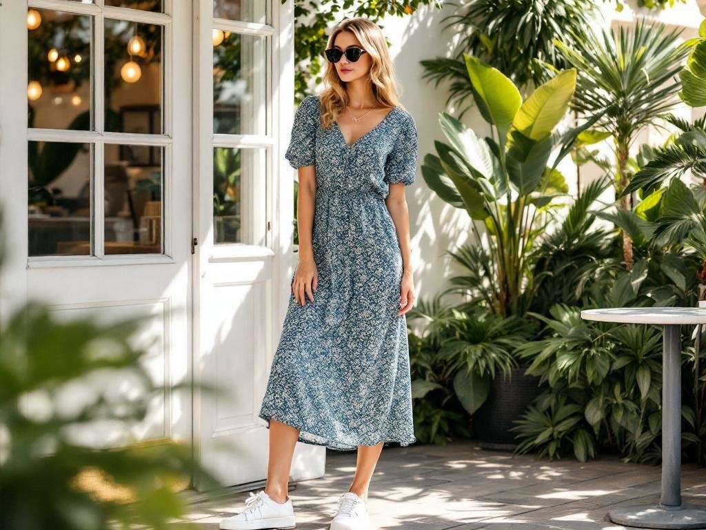 A woman wearing a floral midi dress and white sneakers, standing in a lush outdoor setting.