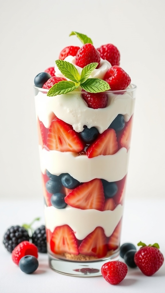 A beautiful no-bake berry trifle with layers of strawberries, blueberries, and whipped cream, garnished with mint leaves.