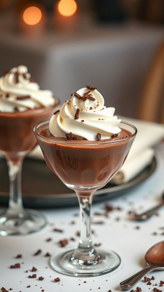 Elegant no-bake chocolate mousse served in glasses with whipped cream and chocolate shavings