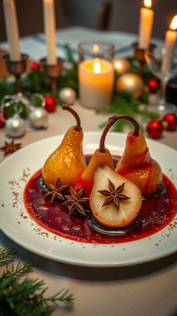 Elegant poached pears in spiced wine sauce, garnished with star anise, set on a festive table with candles and holiday decorations.