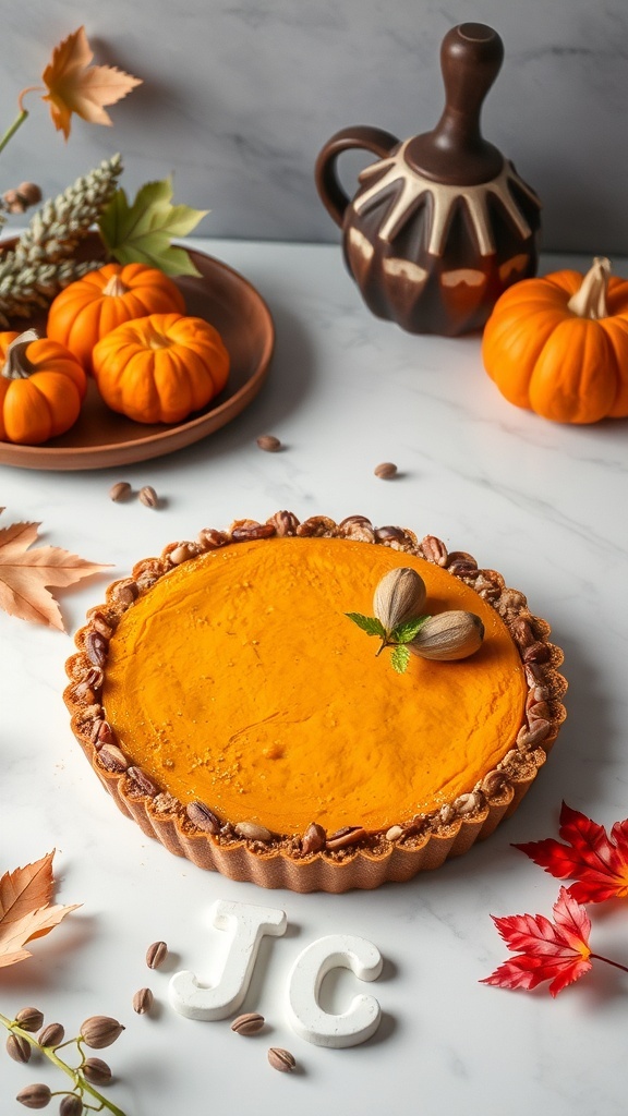 A beautifully presented pumpkin tart with a nutty crust, surrounded by small pumpkins and autumn leaves.
