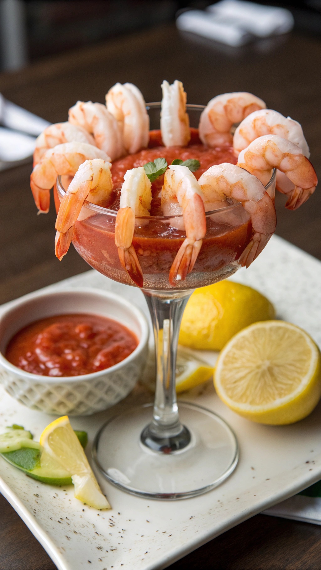A beautiful shrimp cocktail served in a glass with cocktail sauce, garnished with lemon and herbs.