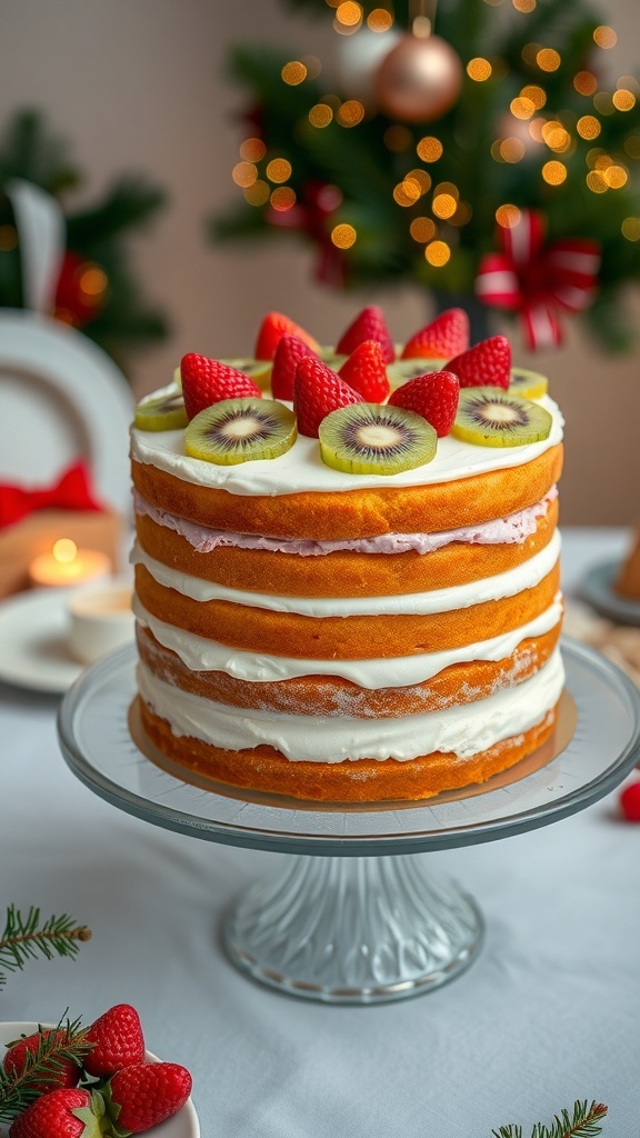 A beautifully layered cake topped with sliced kiwi and strawberries, set against a festive backdrop.