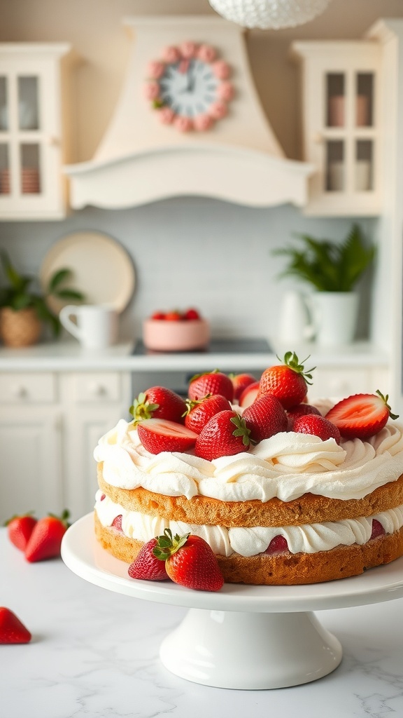 A beautifully layered strawberry shortcake cheesecake topped with fresh strawberries, displayed on a white pedestal in a cozy kitchen setting.