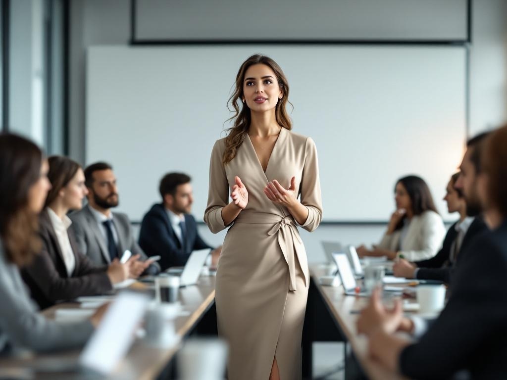 A woman in a wrap dress presenting in a meeting room surrounded by colleagues.
