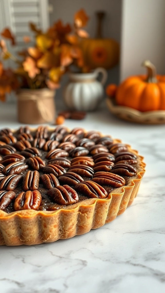 A beautifully arranged Maple Pecan Tart with a golden crust and glossy pecans, set against a cozy fall backdrop.