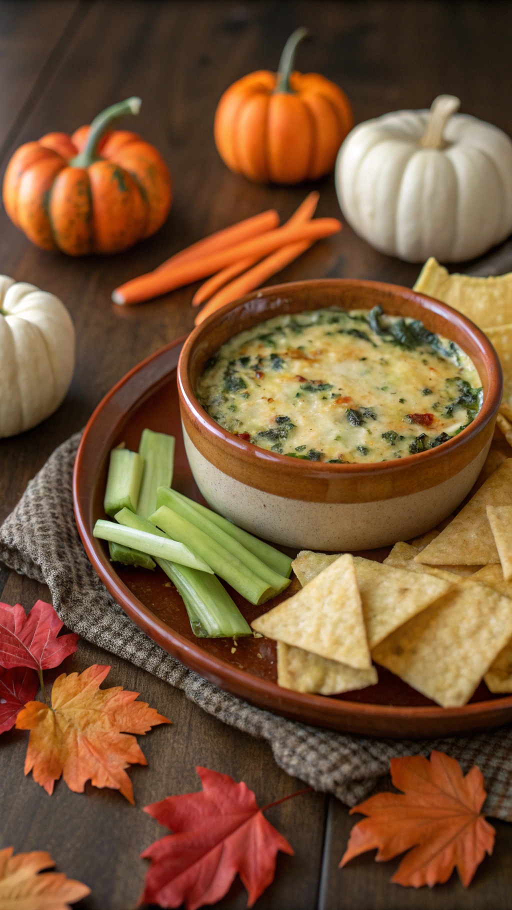 A delicious spinach and artichoke dip served with tortilla chips, celery sticks, and surrounded by autumn decorations.