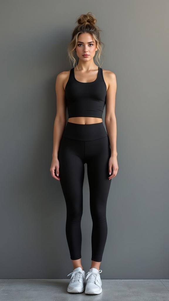 A woman wearing a black crop top and leggings, showcasing an elevated athleisure style.