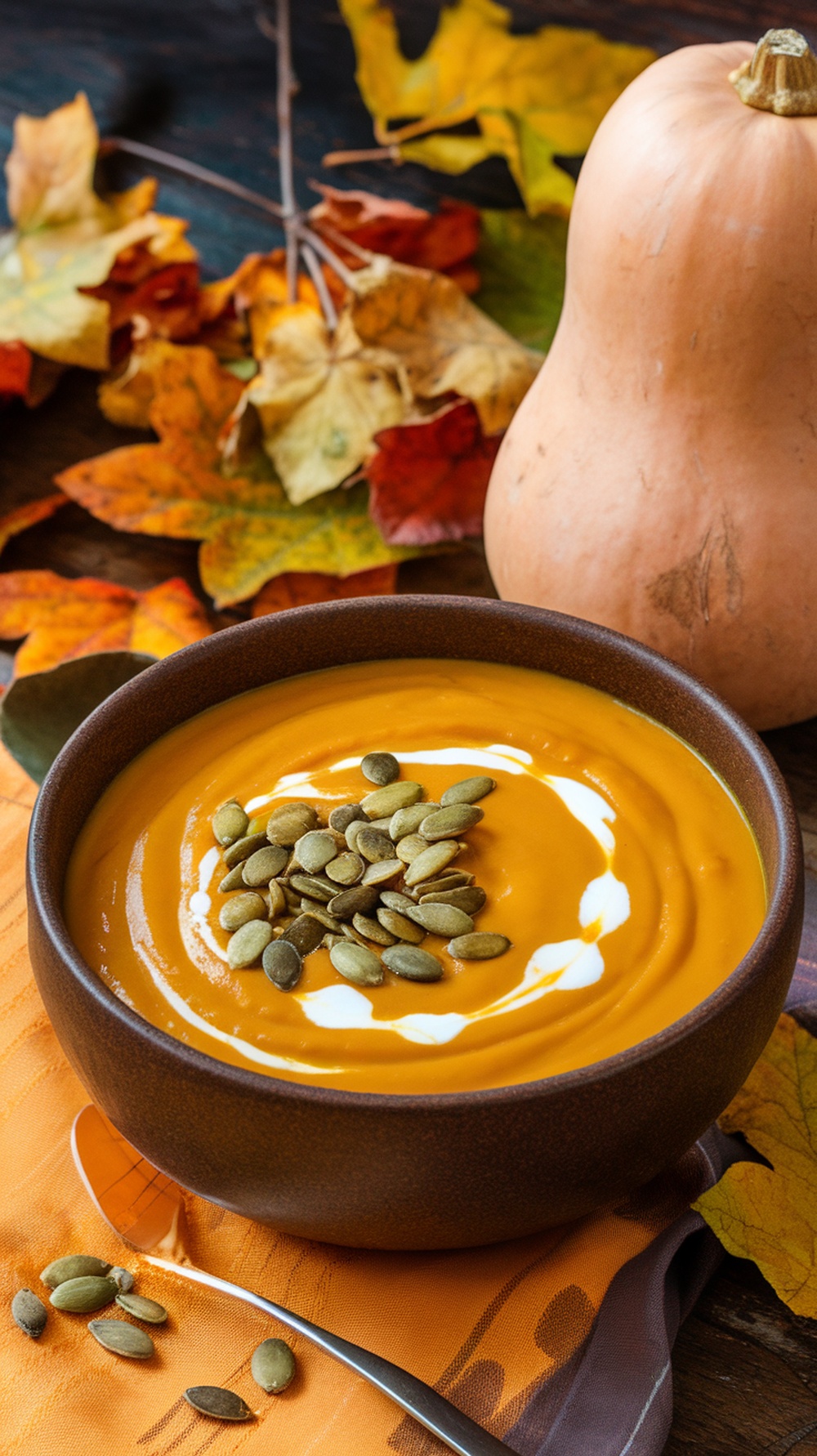 A bowl of creamy butternut squash soup topped with pumpkin seeds, surrounded by autumn leaves and a butternut squash.
