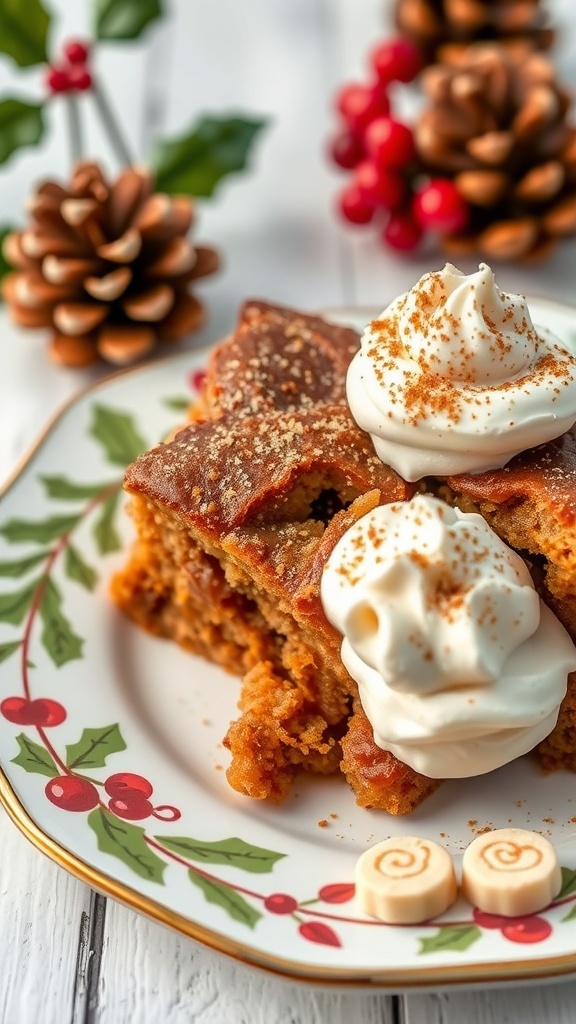 A slice of gingerbread bread pudding topped with whipped cream and cinnamon on a festive plate.