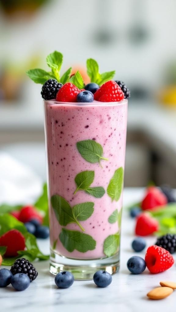 A refreshing berry and spinach smoothie topped with fresh berries and mint leaves.