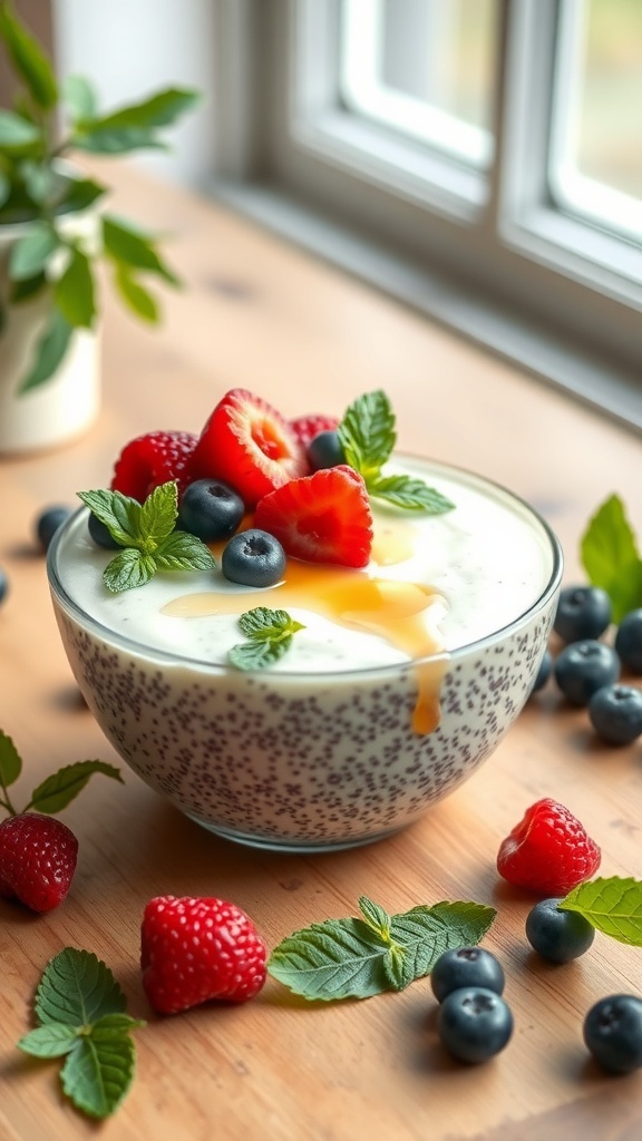 A bowl of vanilla chia seed pudding topped with fresh strawberries, blueberries, and mint leaves.