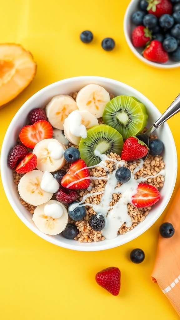 A colorful quinoa breakfast bowl topped with sliced fruits and yogurt, set against a bright yellow background.