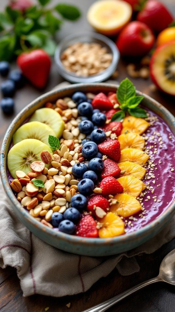 A colorful smoothie bowl topped with fresh fruits and nuts.