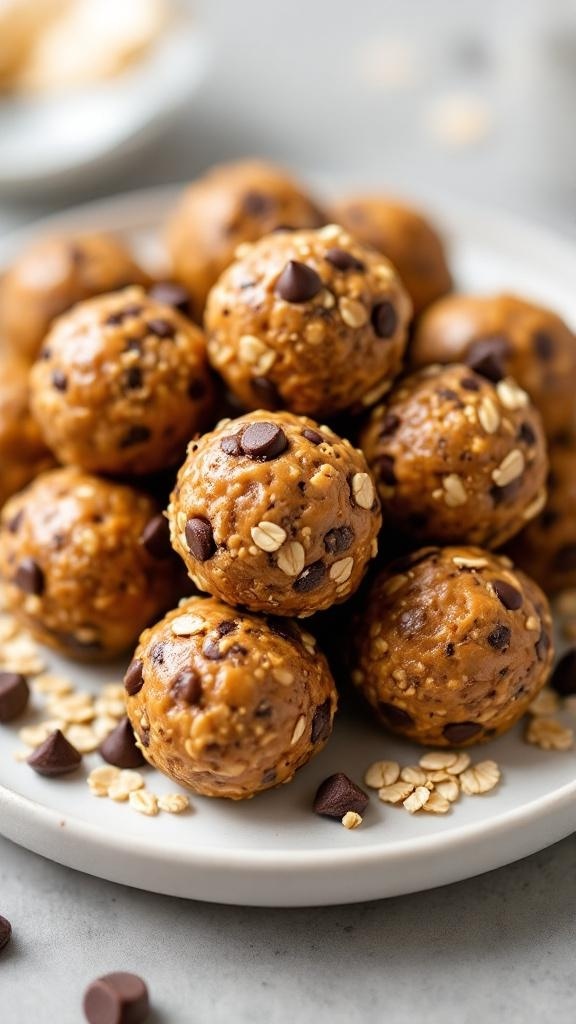 A plate of energy bites made with oats and peanut butter, topped with chocolate chips.