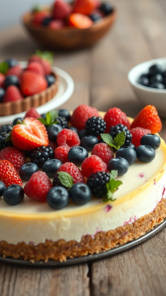 A delicious mixed berry cheesecake topped with fresh strawberries, blueberries, raspberries, and blackberries.