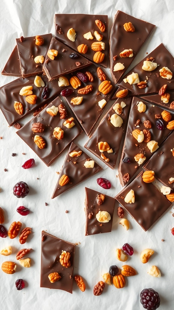 A delicious assortment of keto chocolate bark pieces topped with nuts and dried berries.