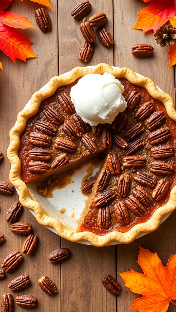 A healthy pecan pie topped with ice cream, surrounded by pecans and autumn leaves.