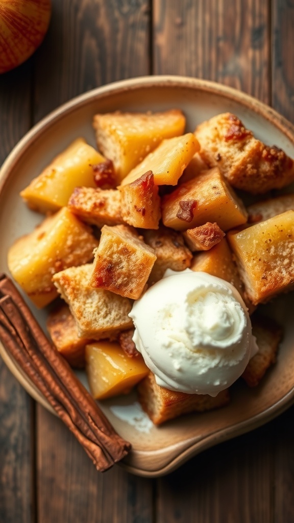 A cozy serving of apple cinnamon bread pudding with ice cream and cinnamon sticks