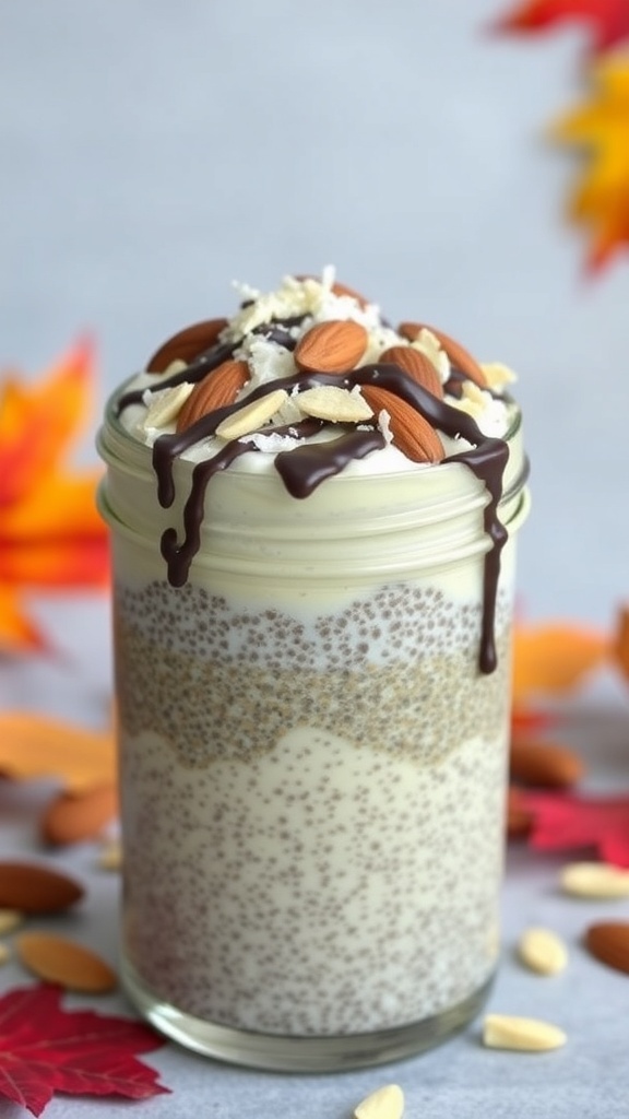 A jar of creamy almond joy chia seed pudding topped with almonds, shredded coconut, and chocolate drizzle, surrounded by autumn leaves.