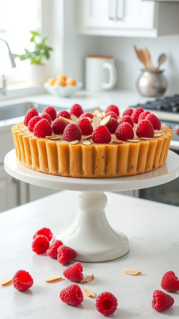 A creamy raspberry almond tart topped with fresh raspberries and sliced almonds on a white pedestal.