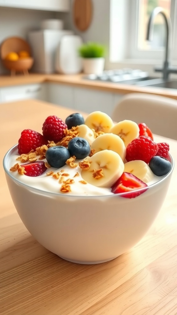 A bowl of yogurt topped with sliced bananas, strawberries, blueberries, raspberries, and granola.