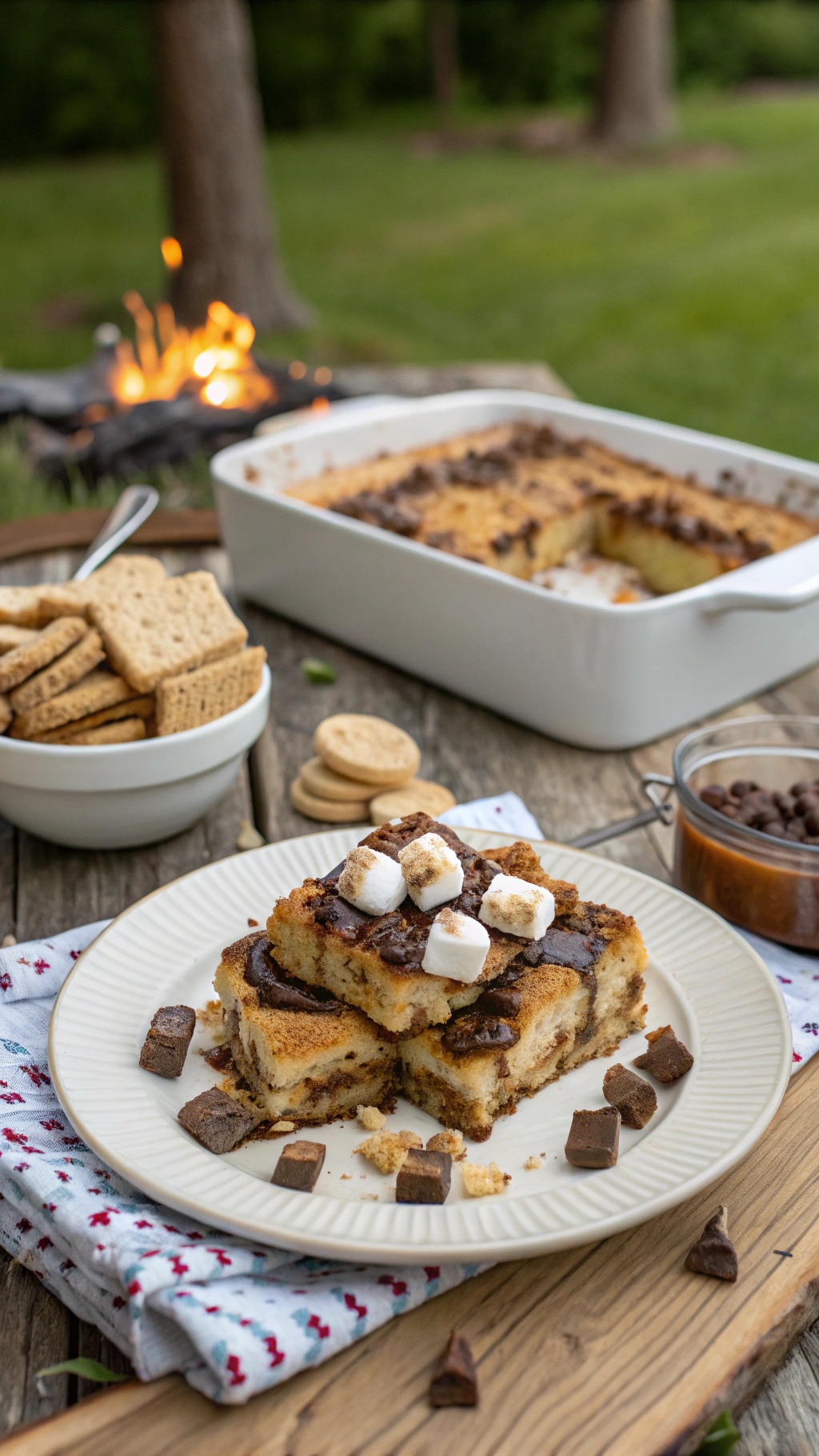 S'mores French Toast Casserole served with graham crackers and chocolate