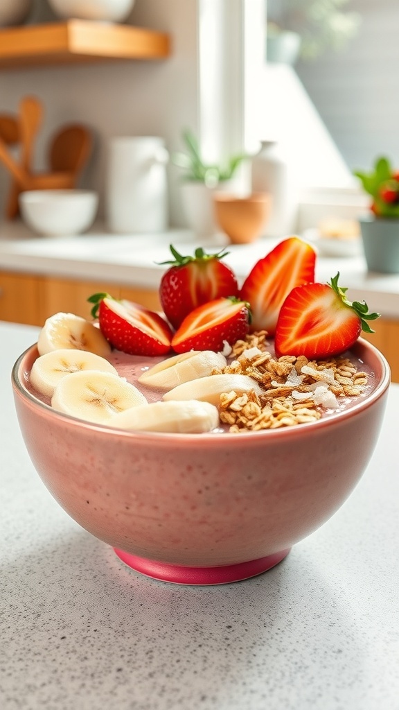 A colorful strawberry banana smoothie bowl topped with sliced bananas, strawberries, and granola.