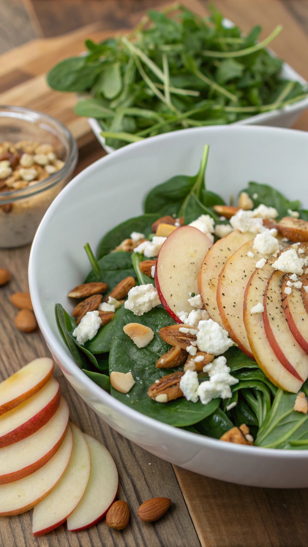 A delicious almond and spinach salad with sliced apples, feta cheese, and almonds, served in a bowl.