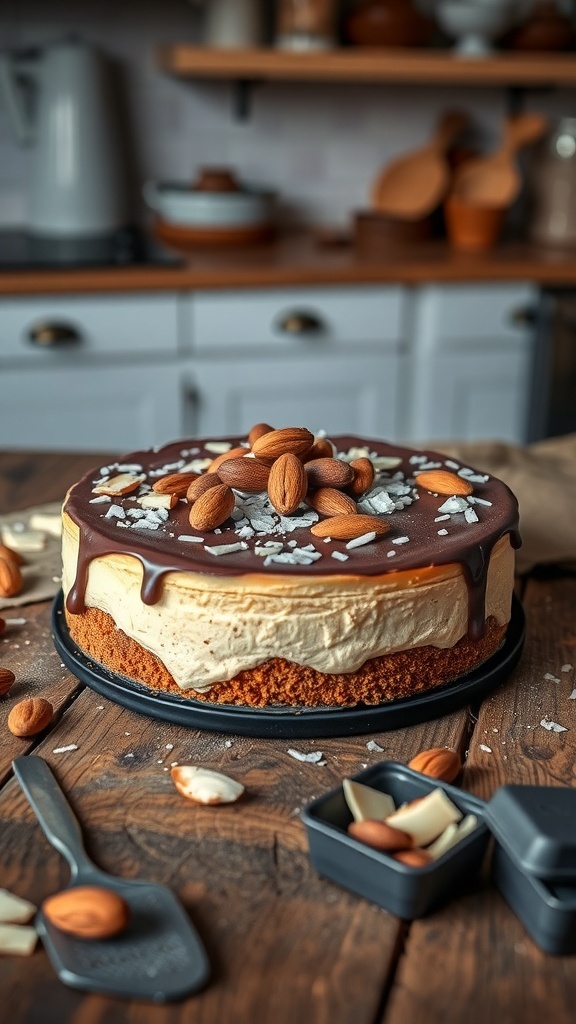 Almond Joy Cheesecake topped with almonds and chocolate drizzle on a wooden table.