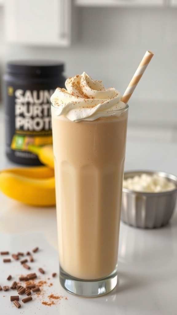 A protein-packed banana pudding smoothie topped with whipped cream and cinnamon, with bananas and protein powder in the background.