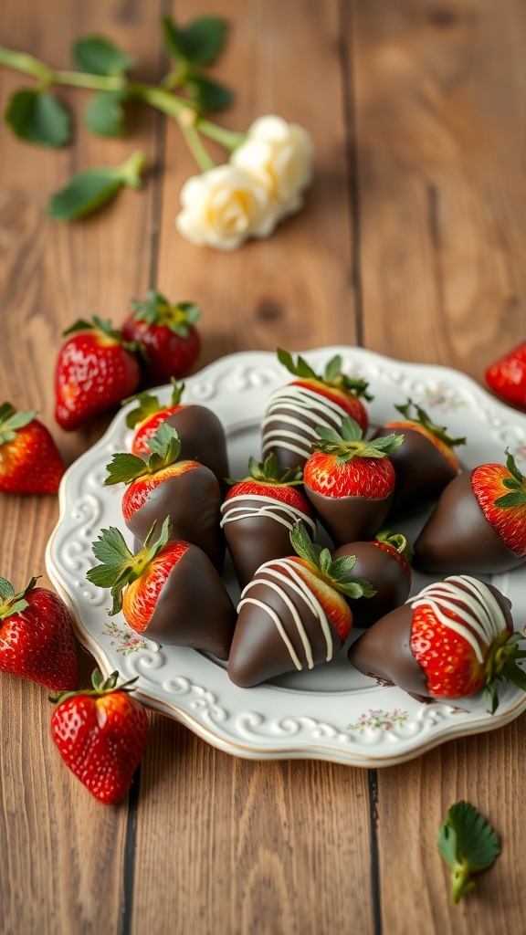 A plate of chocolate-covered strawberries with some fresh strawberries on the side.