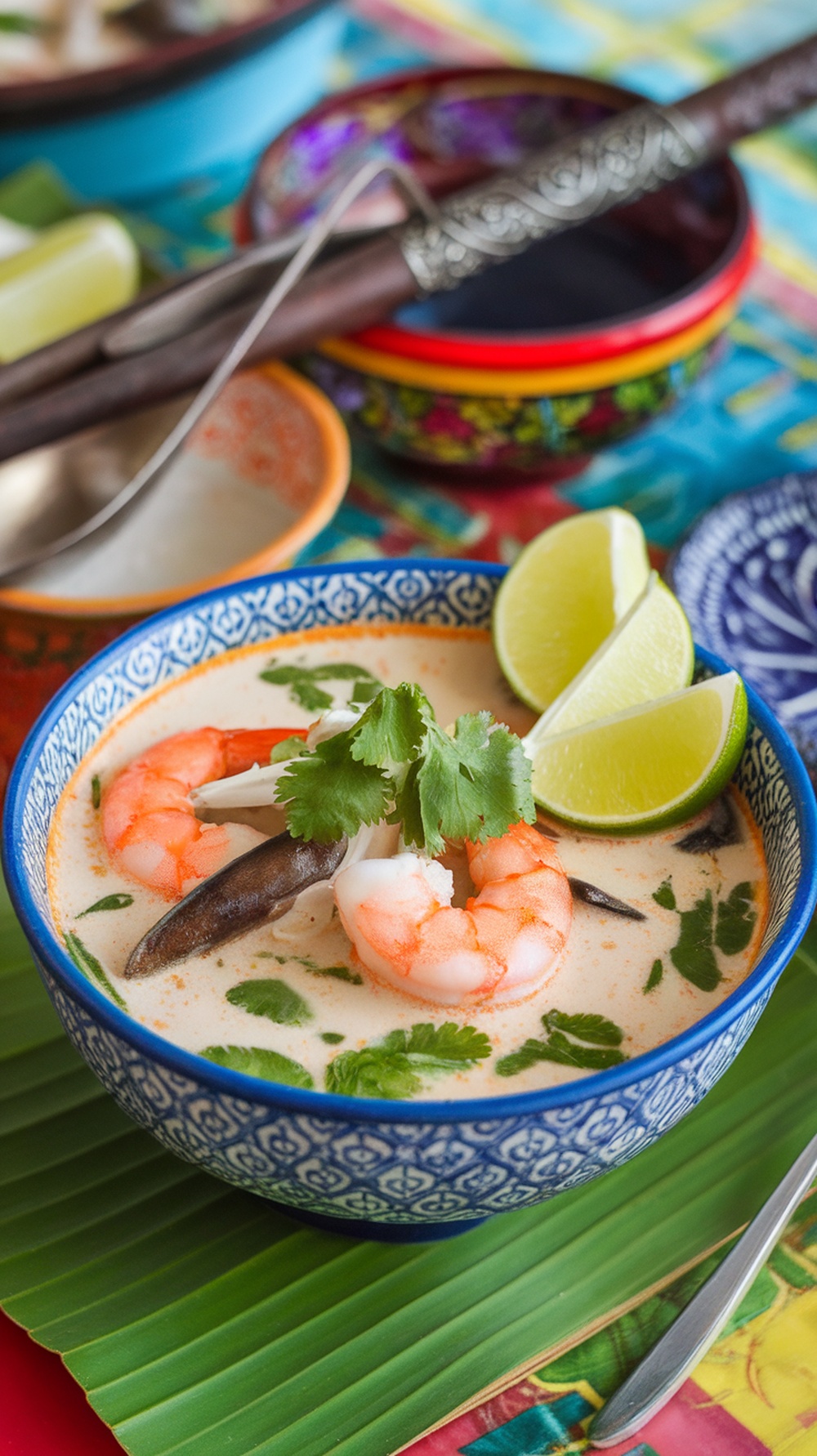 A bowl of Thai coconut soup with shrimp, garnished with lime and cilantro.
