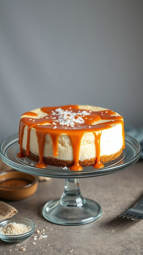 A caramel protein cheesecake with a smooth top and caramel drizzle, displayed on a glass cake stand.