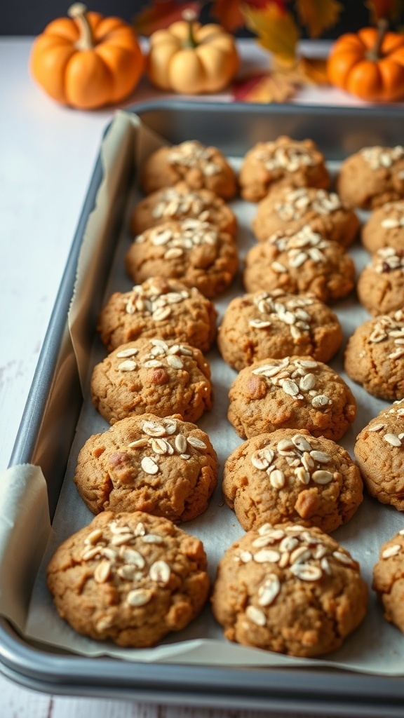 A tray of pumpkin oatmeal cookies topped with oats, surrounded by small pumpkins and autumn leaves.