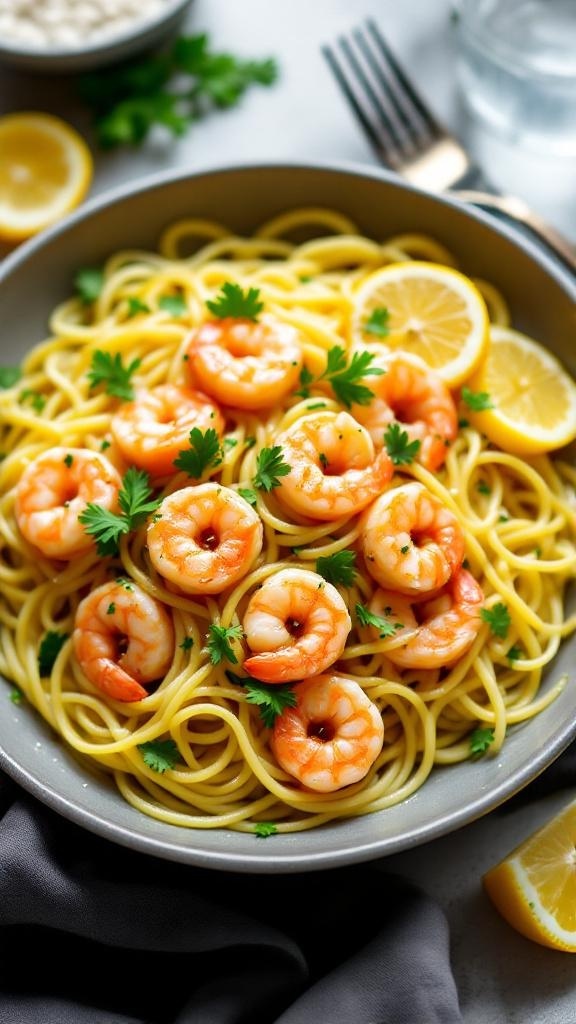 A bowl of lemon garlic shrimp served over zoodles with fresh parsley and lemon slices.