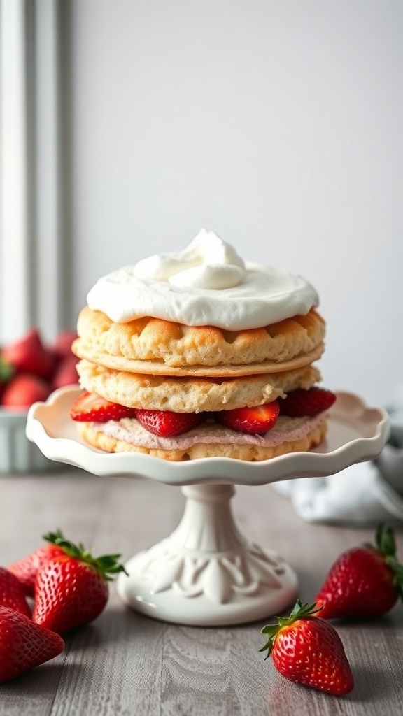 Keto-friendly strawberry shortcake on a cake stand with fresh strawberries around it.