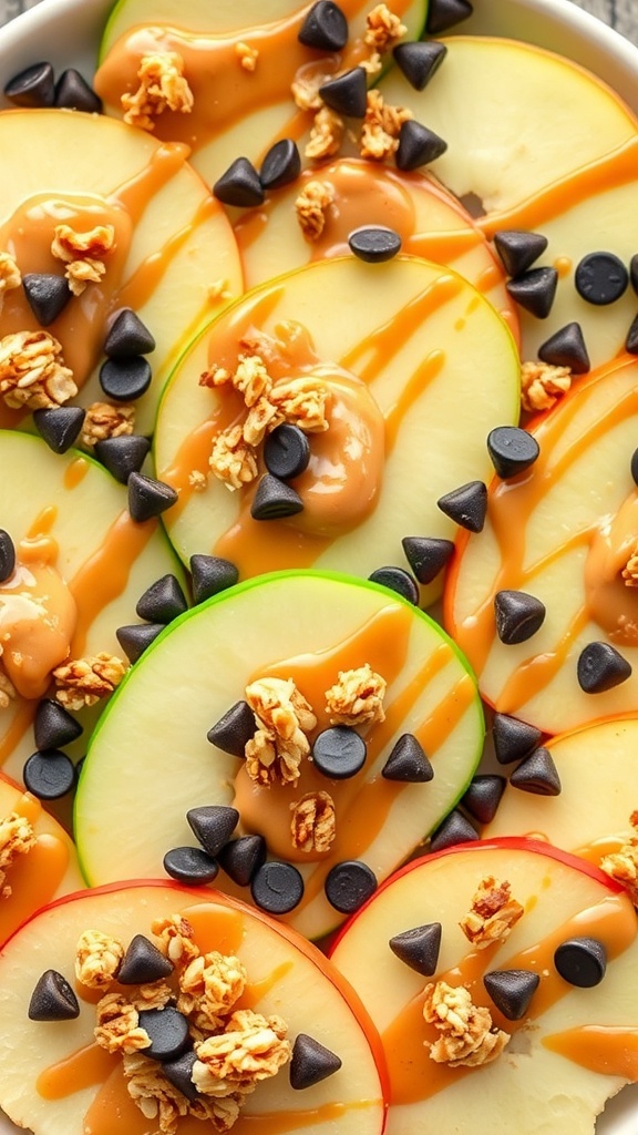 A plate of apple slices topped with peanut butter, chocolate chips, and granola.
