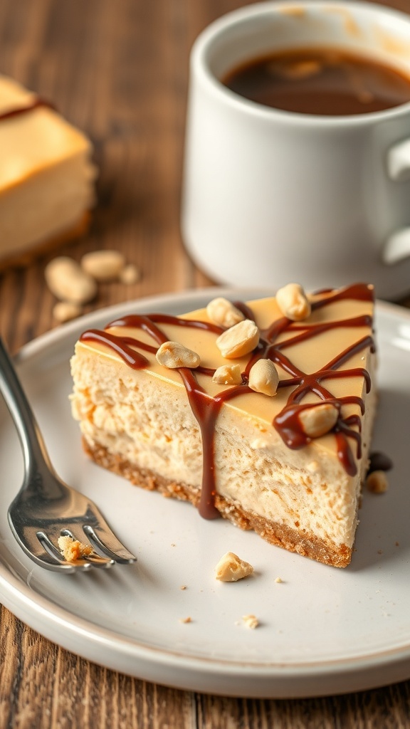 A slice of peanut butter cheesecake bar drizzled with chocolate sauce, served on a plate with a fork and a cup of coffee in the background.