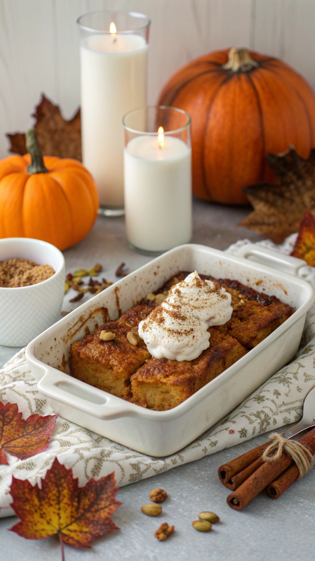 A delicious Pumpkin Spice French Toast Casserole topped with whipped cream, surrounded by pumpkins and candles, evoking a cozy autumn vibe.